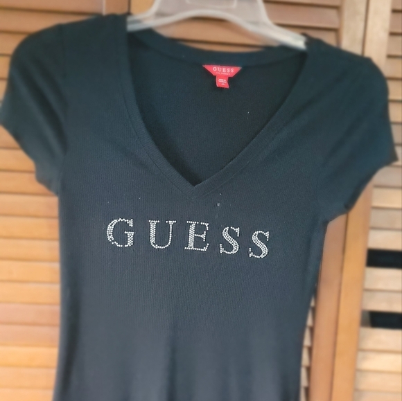 Guess Black Bodycon Mini Dress With Ribbed Design, And Rhinestone LOGO Size Med. - Picture 2 of 6